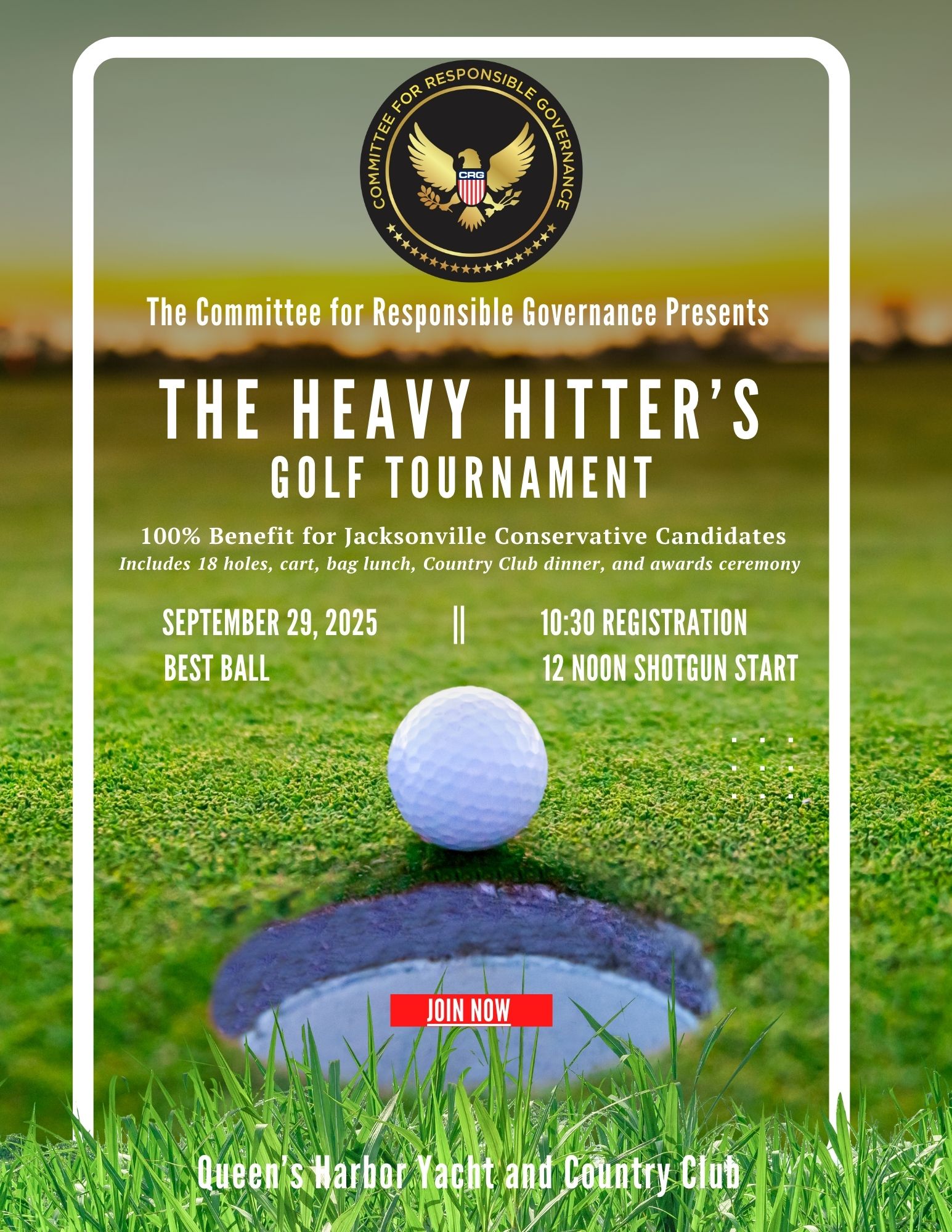 Join us on September 29th at the lovely Queens Harbor Yacht and Country Club for the "Heavy Hitters Golf Tournament." Registration starts at 10:30, and the event kicks off at noon. Each golfer will receive a bag lunch for the golf cart, and we'll conclude with a Mexican bar dinner along with an awards ceremony where crystal trophies will be awarded to the winning team. We look forward to this fun day with you and appreciate your support of CRG.