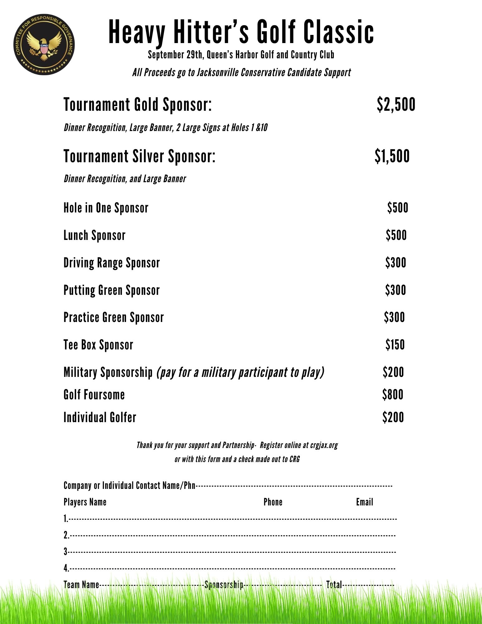Join us on September 29th at the lovely Queens Harbor Yacht and Country Club for the "Heavy Hitters Golf Tournament." Registration starts at 10:30, and the event kicks off at noon. Each golfer will receive a bag lunch for the golf cart, and we'll conclude with a Mexican bar dinner along with an awards ceremony where crystal trophies will be awarded to the winning team. We look forward to this fun day with you and appreciate your support of CRG.